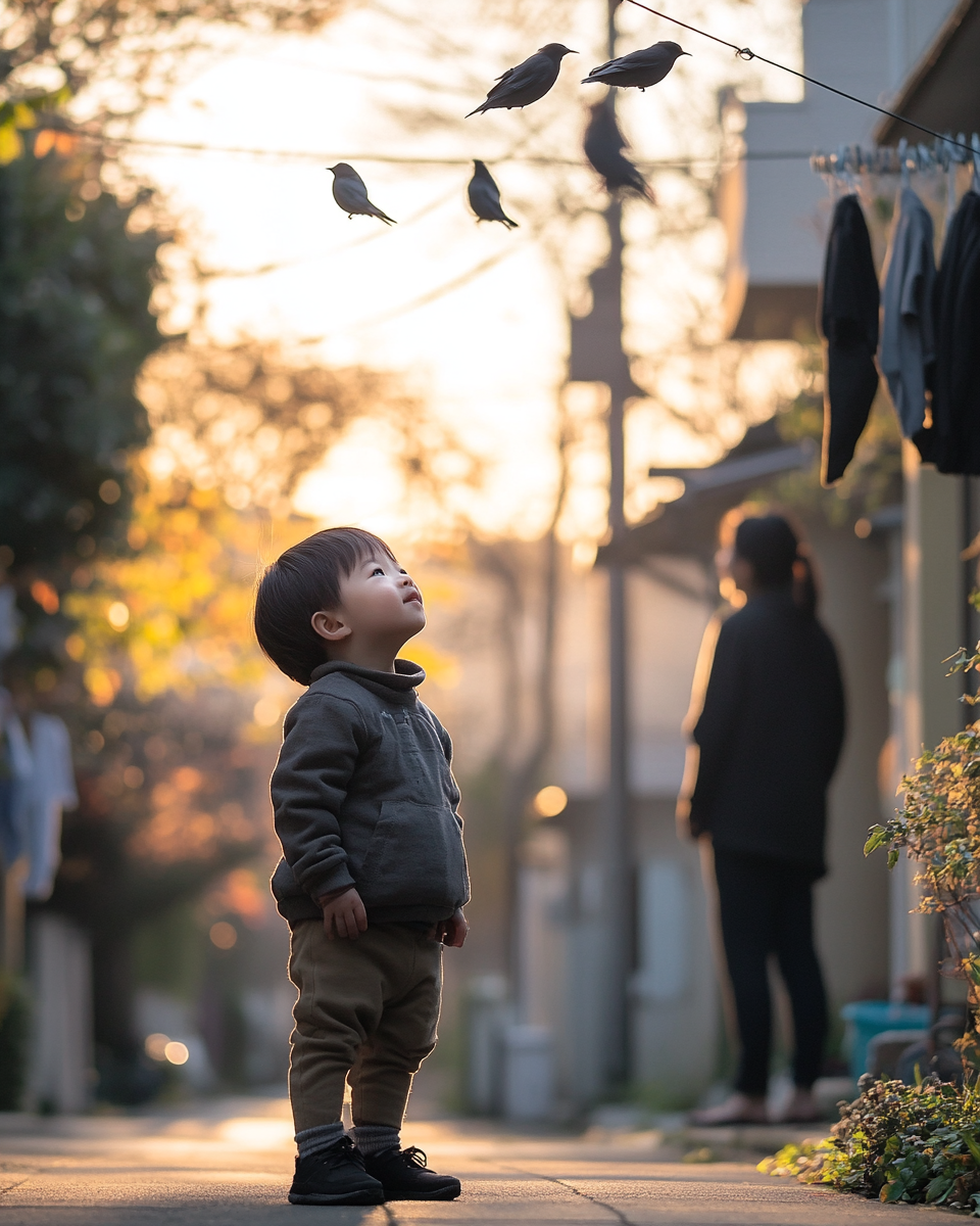 A toddler looking up at birds on a rooftop wire along a quiet neighborhood street.