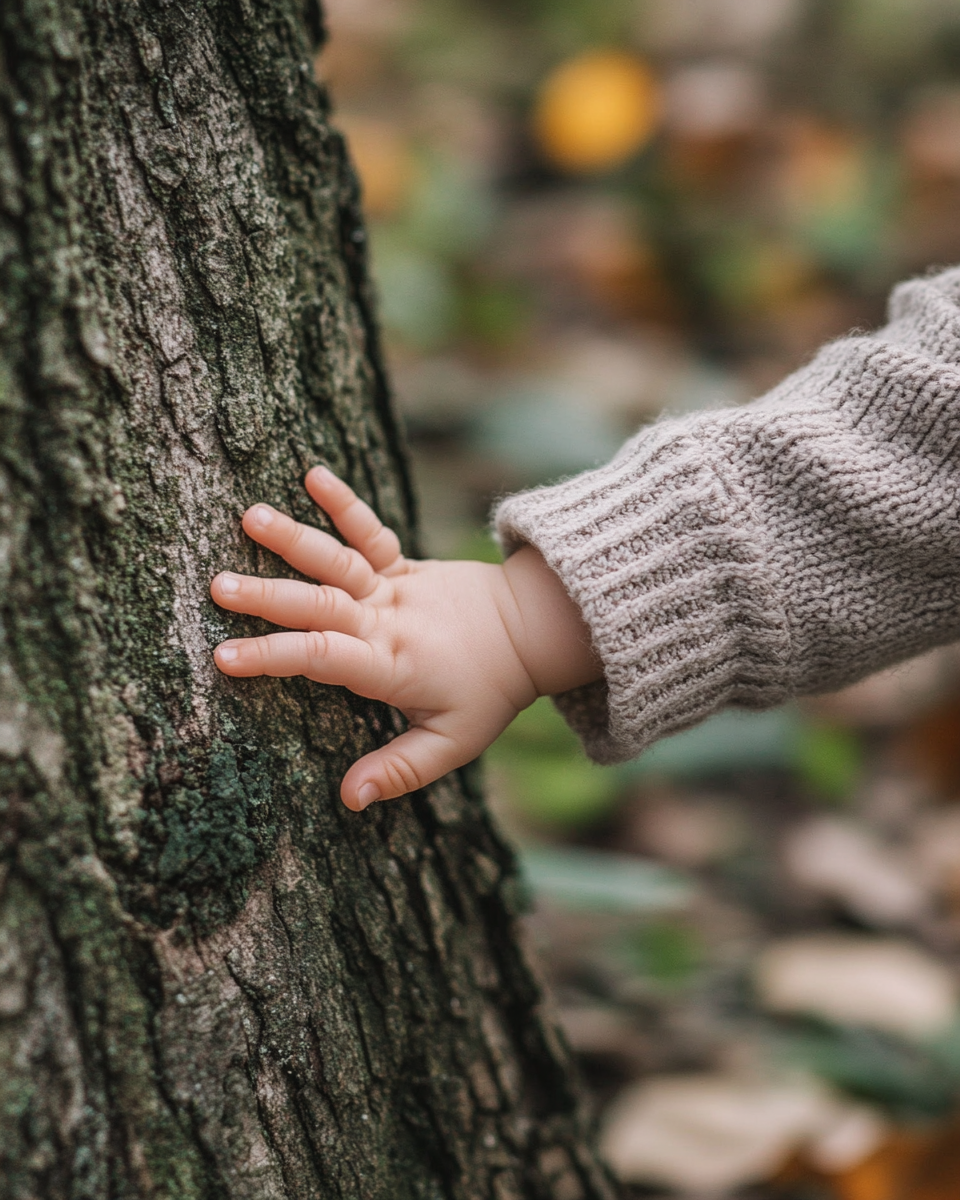 A toddler's hand touching the rough bark of a tree along a garden path.
