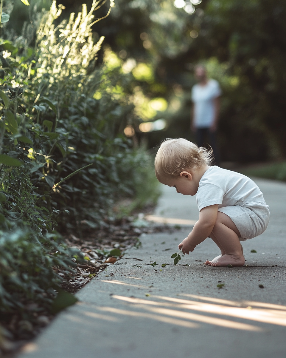 A toddler crouching beside a garden path, quietly examining something small on the ground while a parent waits nearby.