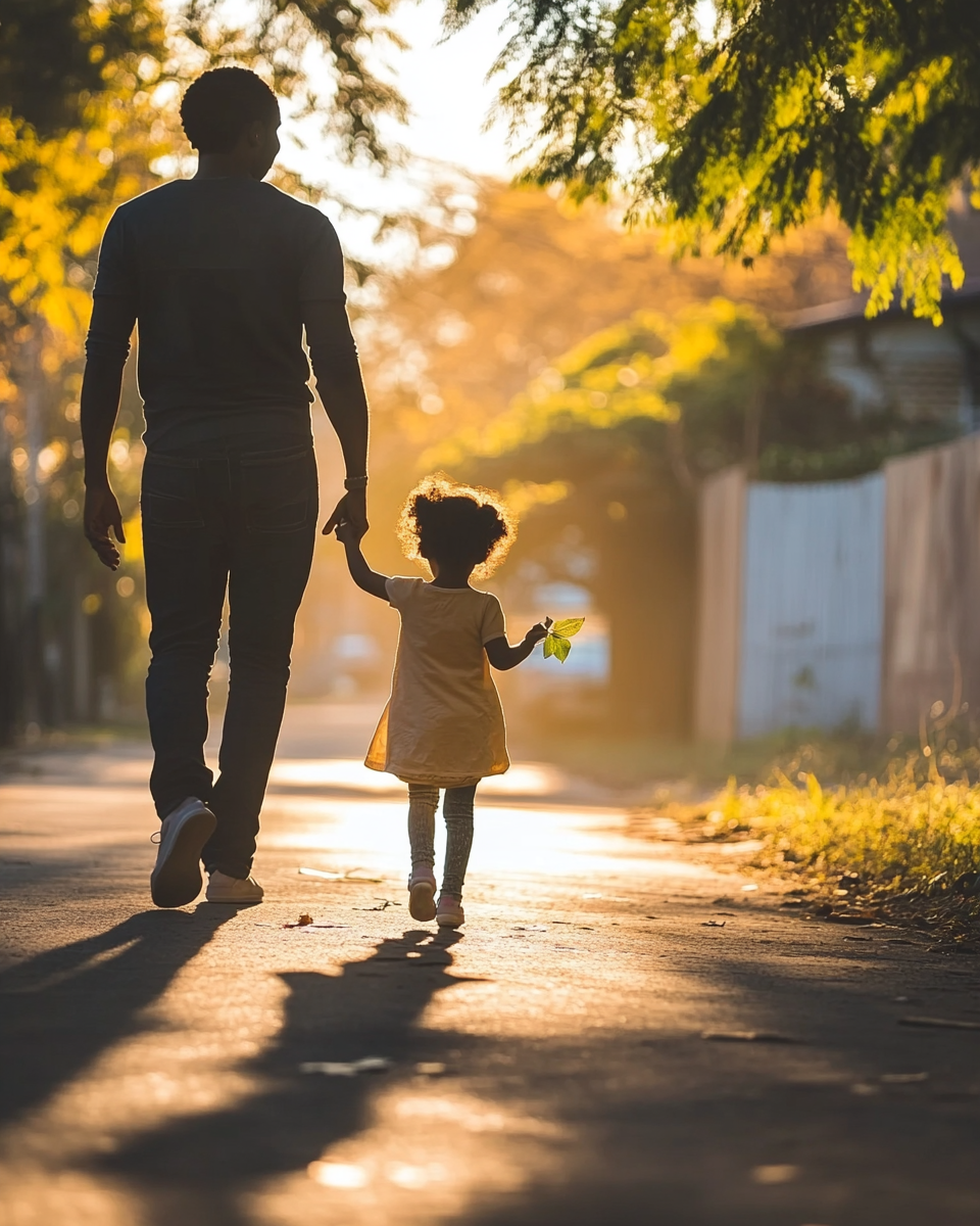 A toddler crouching on a garden path to look closely at a small natural object while a parent stays nearby.
