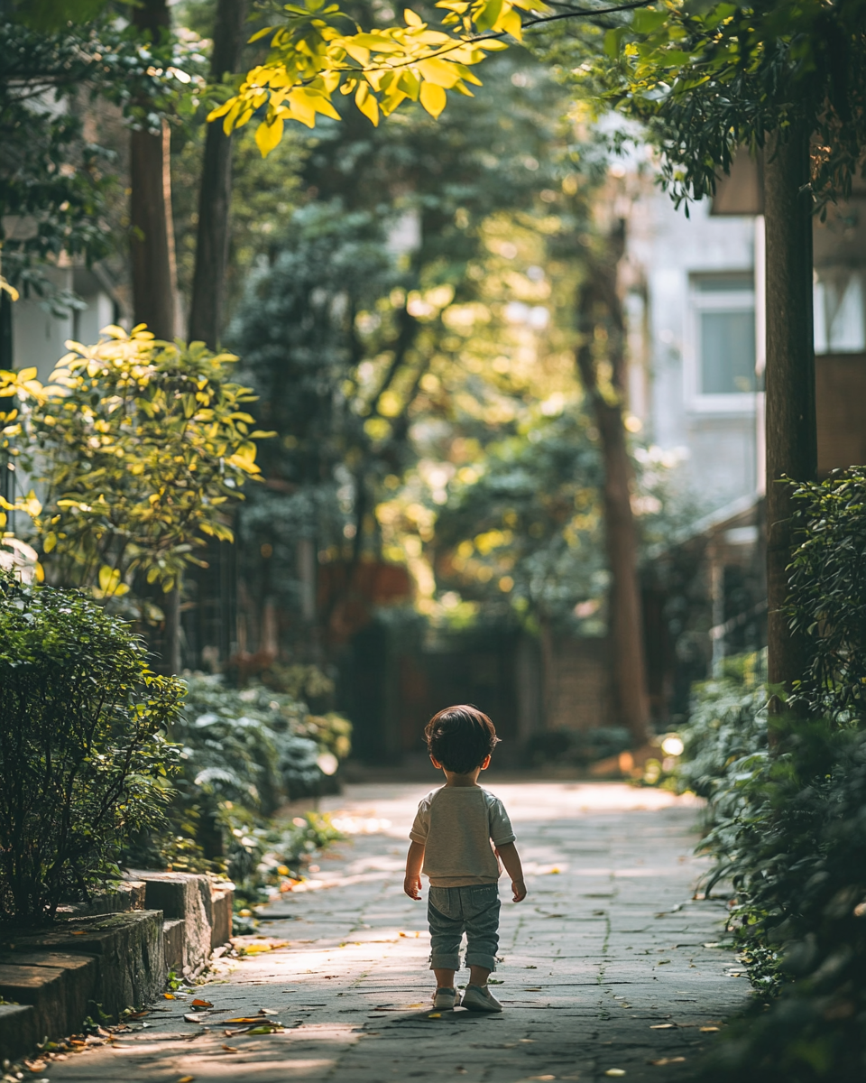 A toddler standing at a fork in a quiet park path, appearing to choose which way to go.