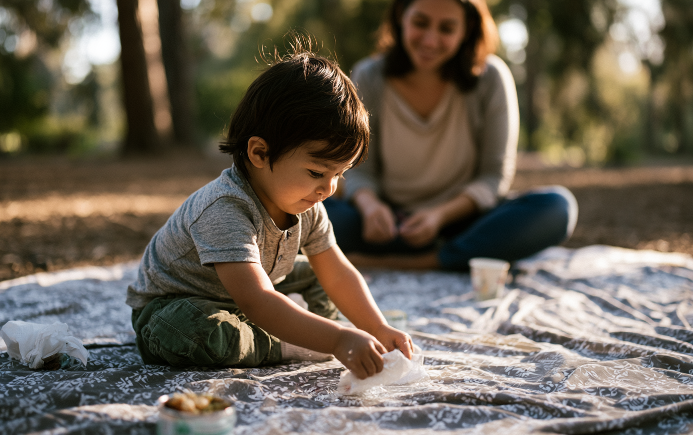 Toddler wiping a small water spill with a cloth during a family picnic in a nature park