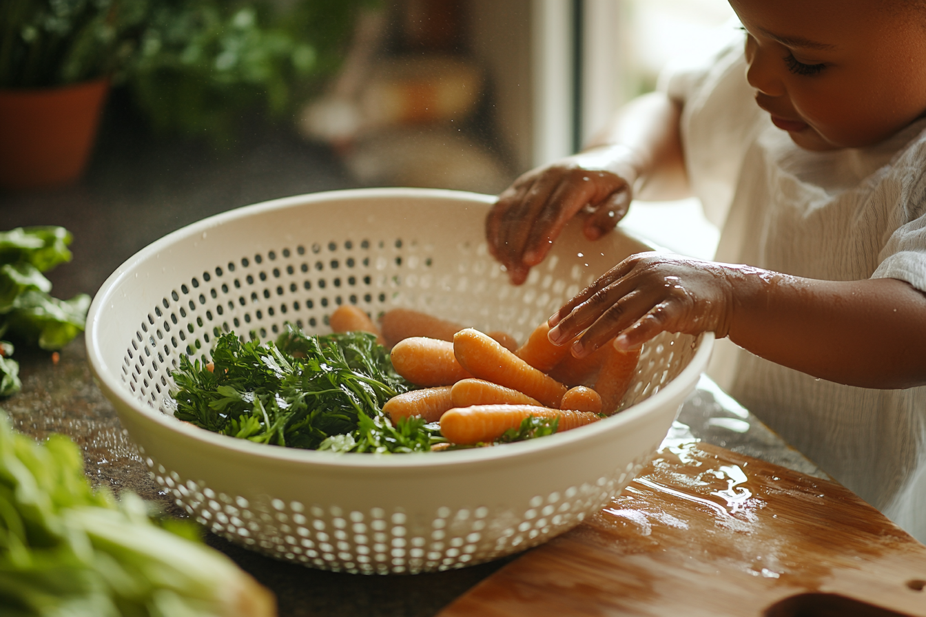 Toddler helping wash vegetables at a real kitchen counter