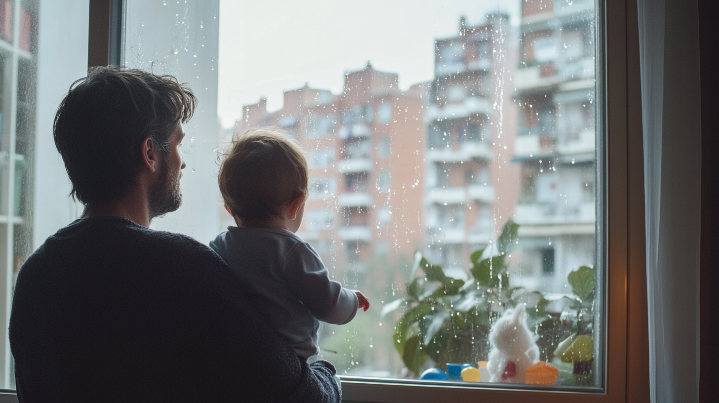 Toddler and parent watching rain and light through an apartment window for everyday nature learning
