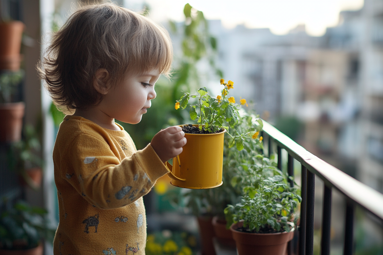 Toddler watering a small potted plant on an apartment balcony