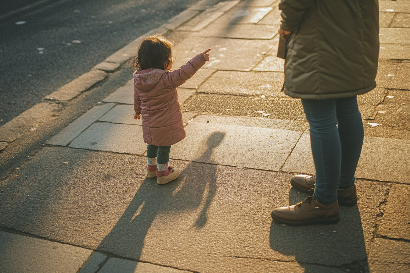 An adult waiting calmly beside a toddler who is pointing at a shadow on a safe sidewalk.