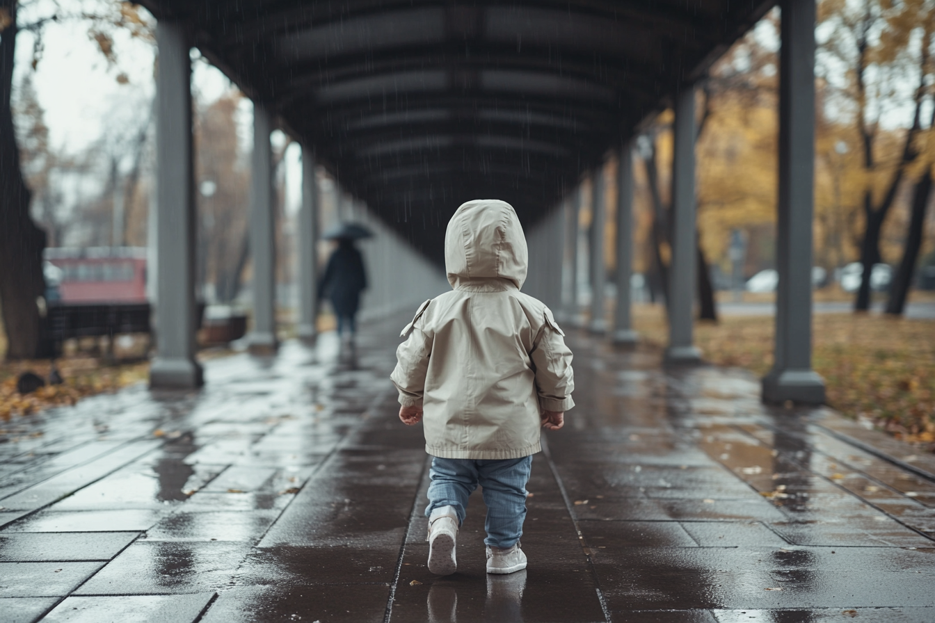 A toddler pausing on a nature path to observe grass, seed pods, bark, and fallen leaves.