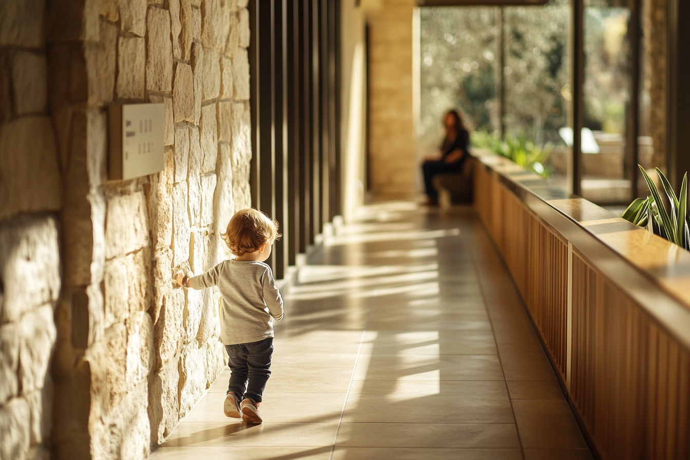 A toddler crouching on a quiet sidewalk to observe a tiny plant growing through a pavement crack.
