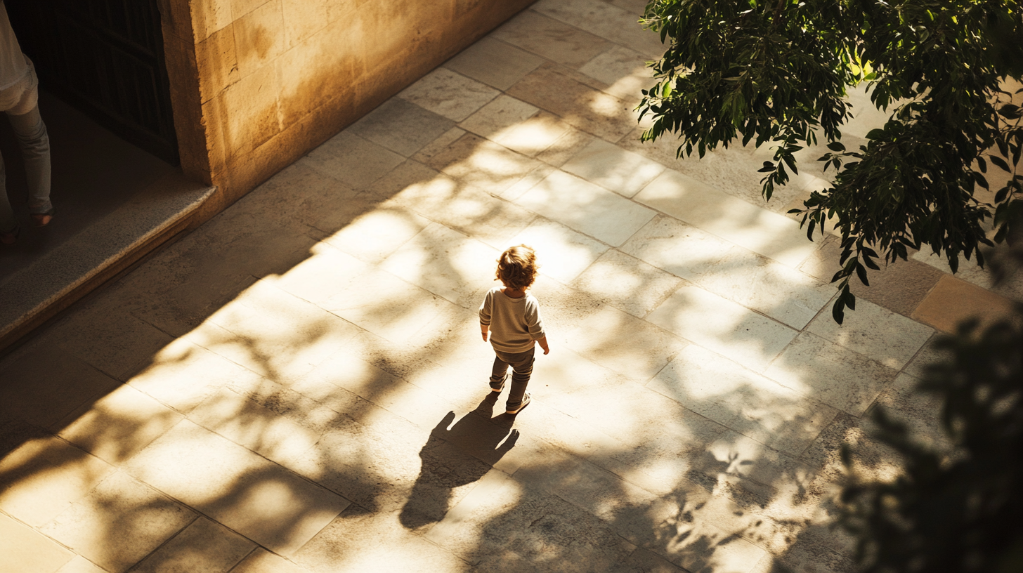 A toddler walking slowly on a quiet garden path while an adult waits nearby.