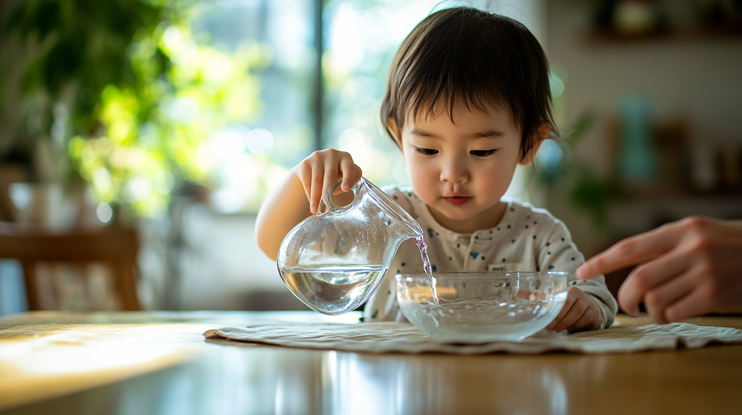 Toddler carefully pouring water into a bowl at a real home table