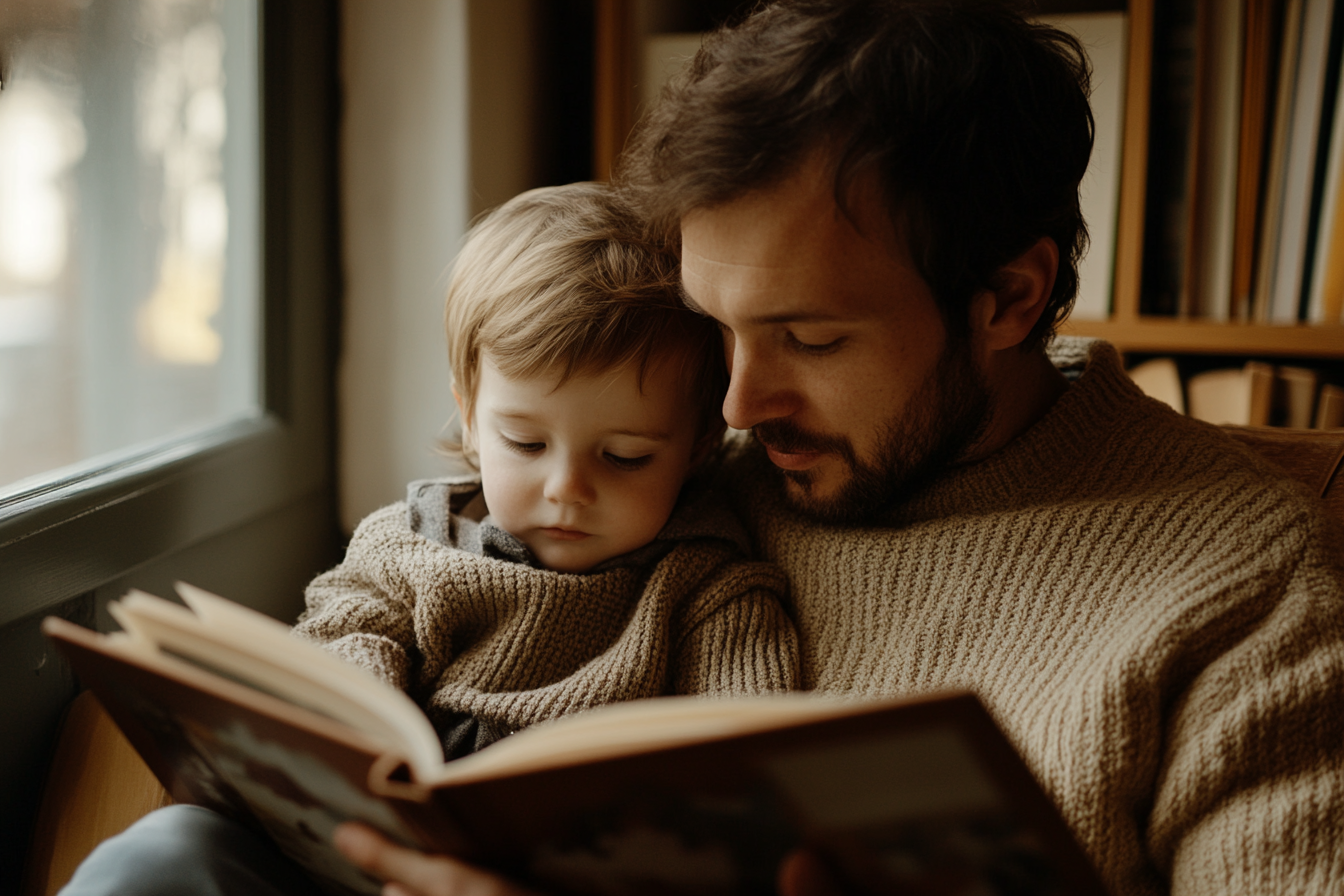 Parent and toddler reading a picture book together in warm natural light