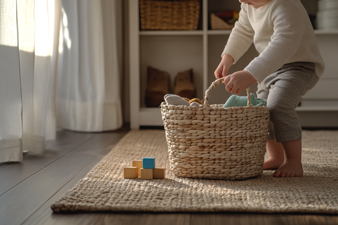 Toddler placing objects into a woven basket during a tidying routine