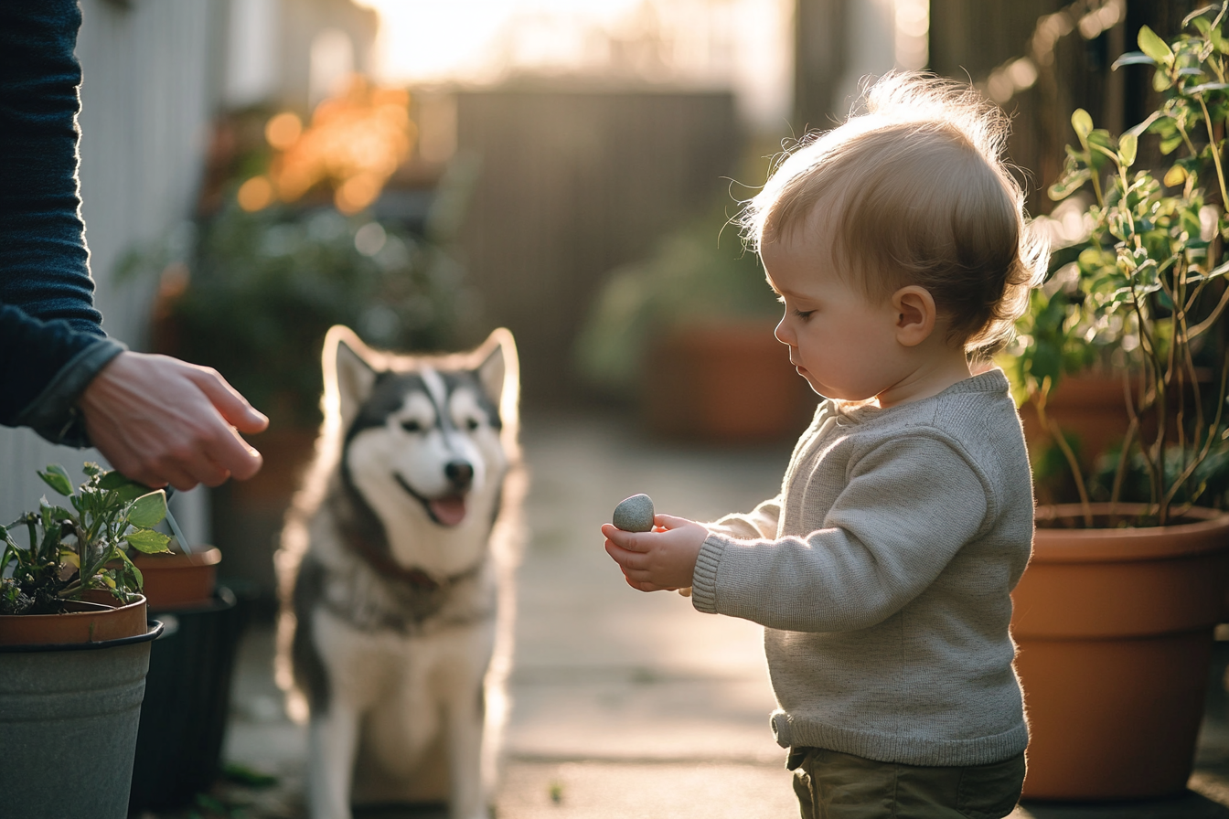 Toddler holding one leaf or stone during a quiet everyday nature observation moment