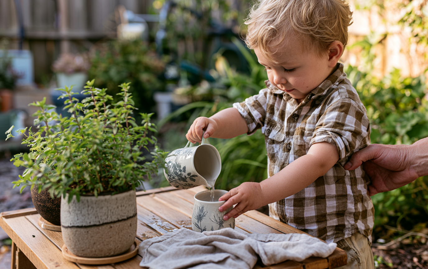 Toddler pouring water from a small pitcher at an outdoor table in a backyard garden