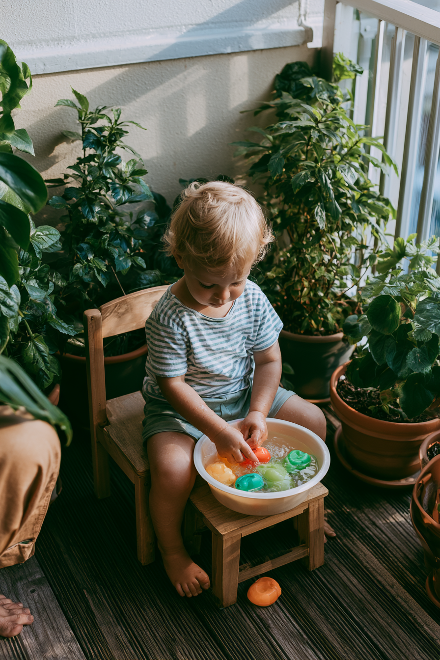 Toddler sitting on a small chair washing toys in a shallow basin of water