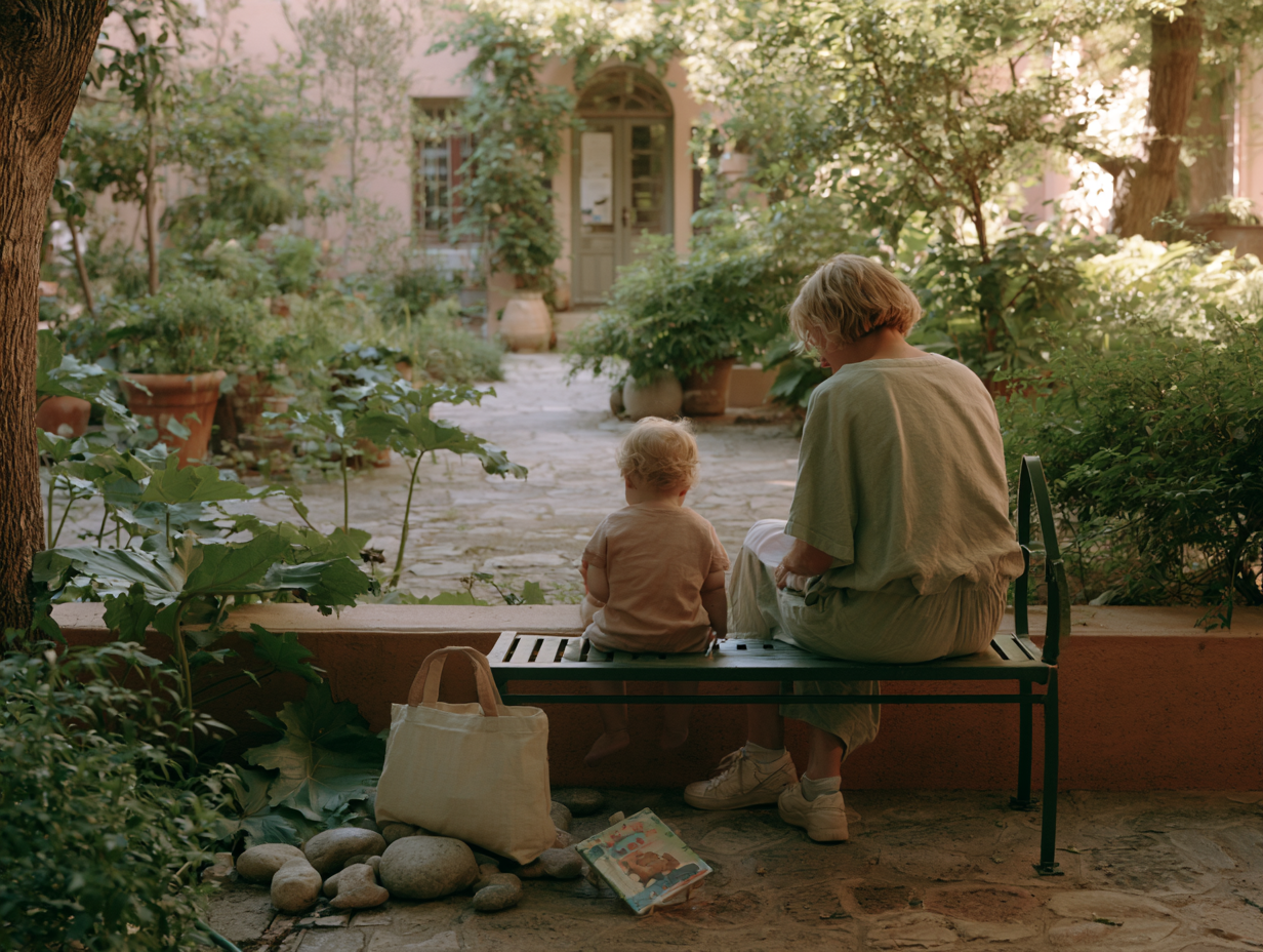 Tired parent sitting near a toddler during simple screen-free play at home