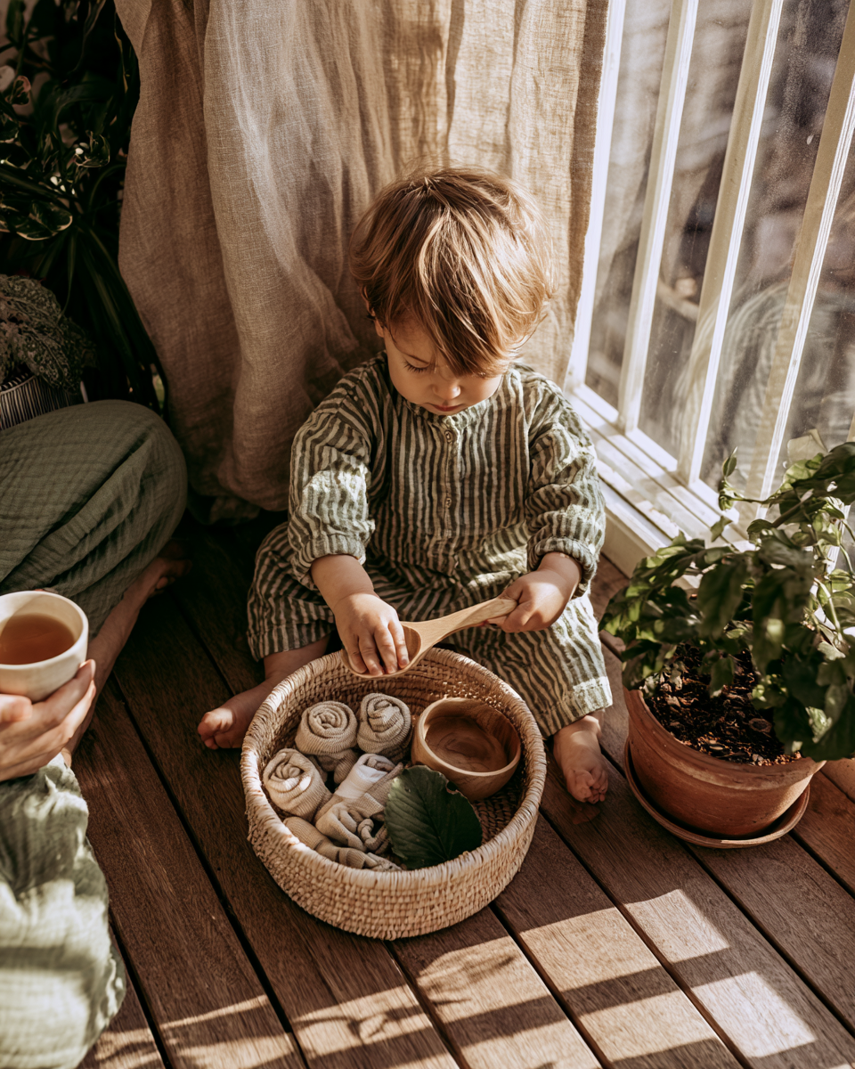 Toddler playing quietly near a tired parent on the couch