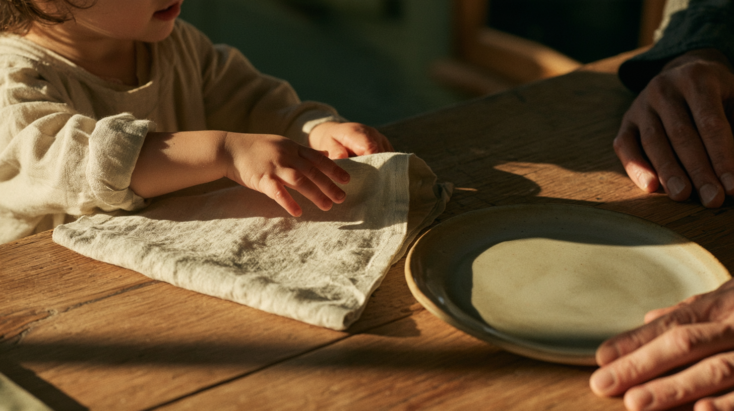 A toddler places a folded napkin beside a plate while an adult stays nearby