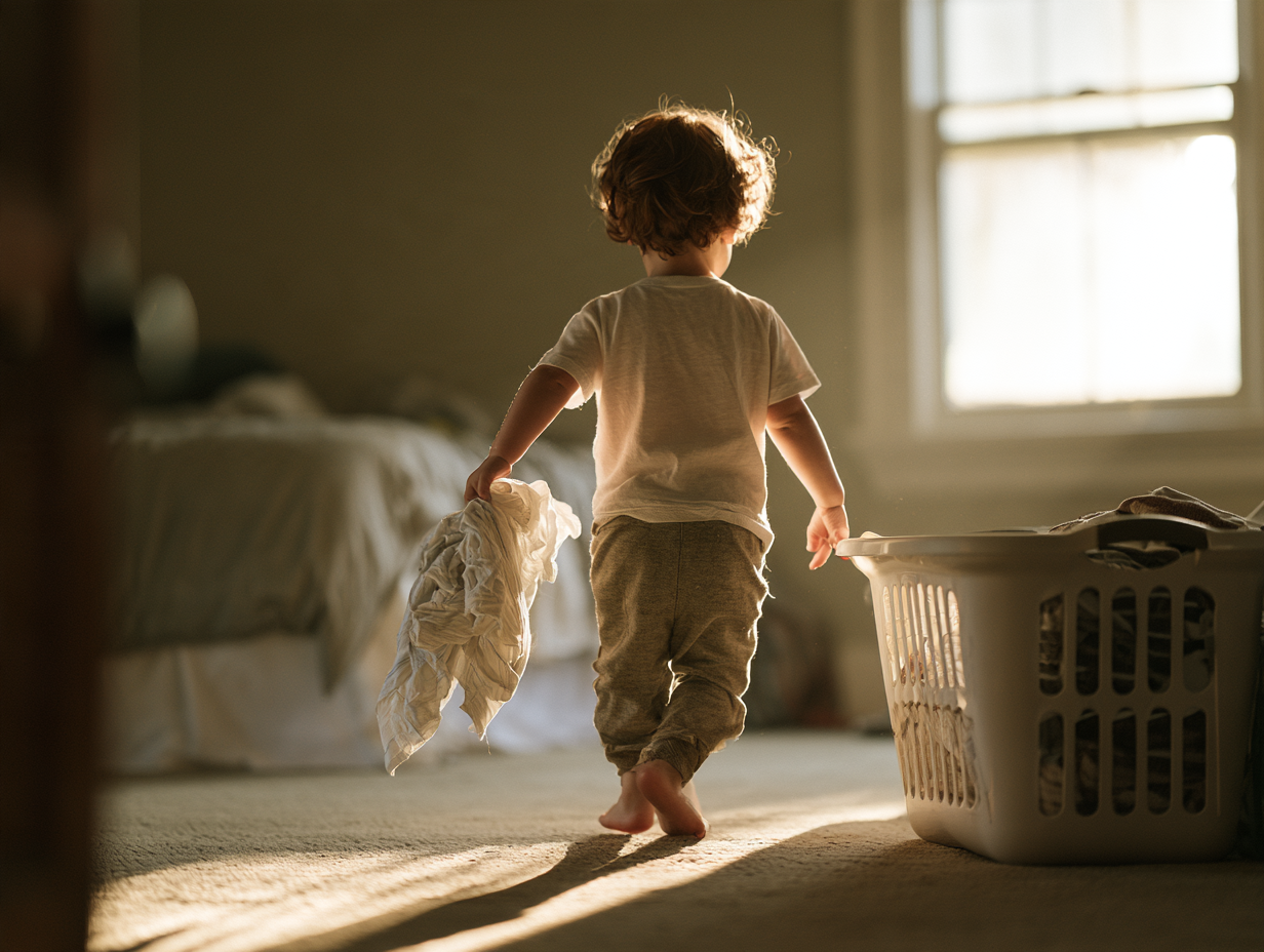 A toddler carries pajamas toward a laundry basket on the bedroom floor