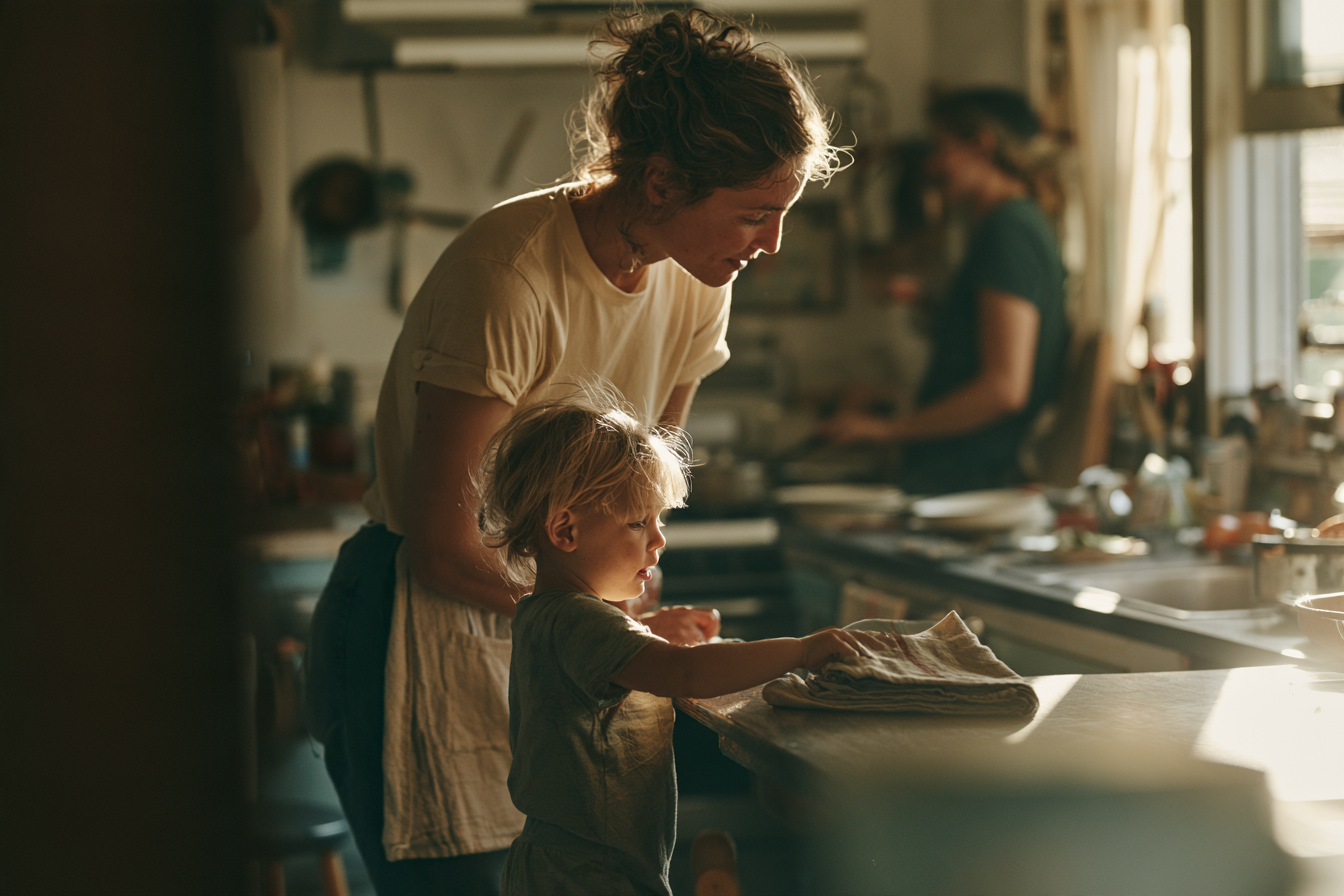 A parent and toddler setting out a cloth napkin at a kitchen counter while dinner is prepared nearby