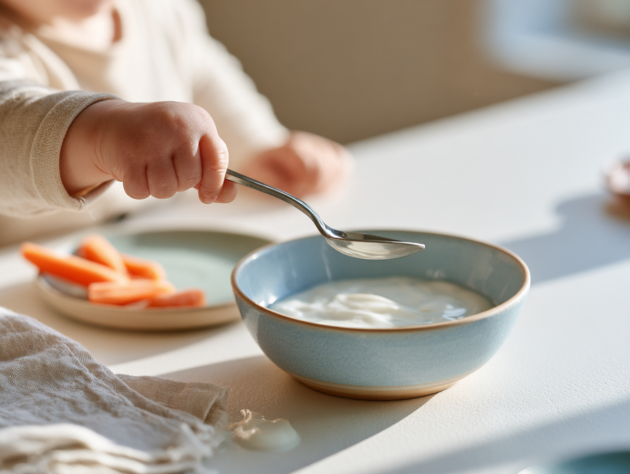 A toddler holds a metal spoon over a bowl of yogurt at breakfast.