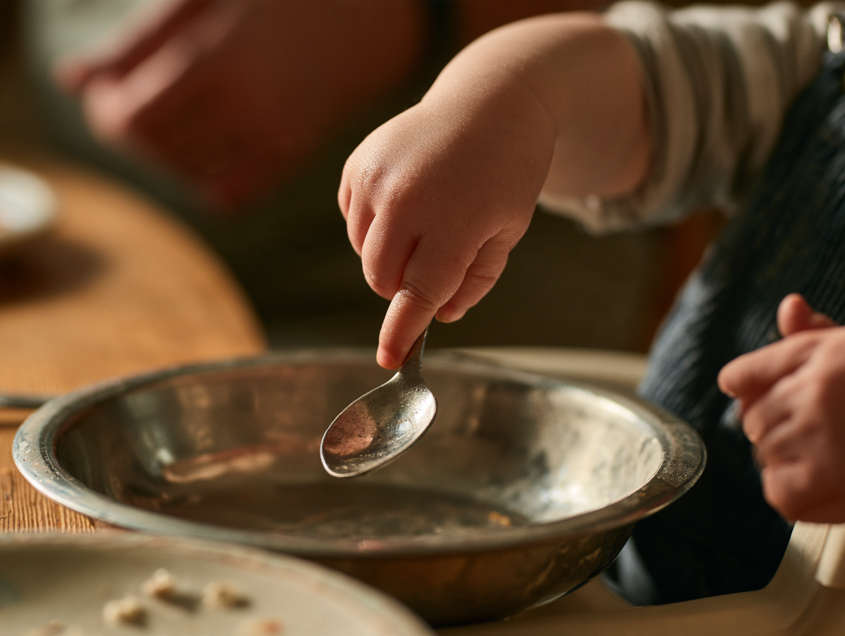 A toddler places a used spoon into a low tub beside the dining table