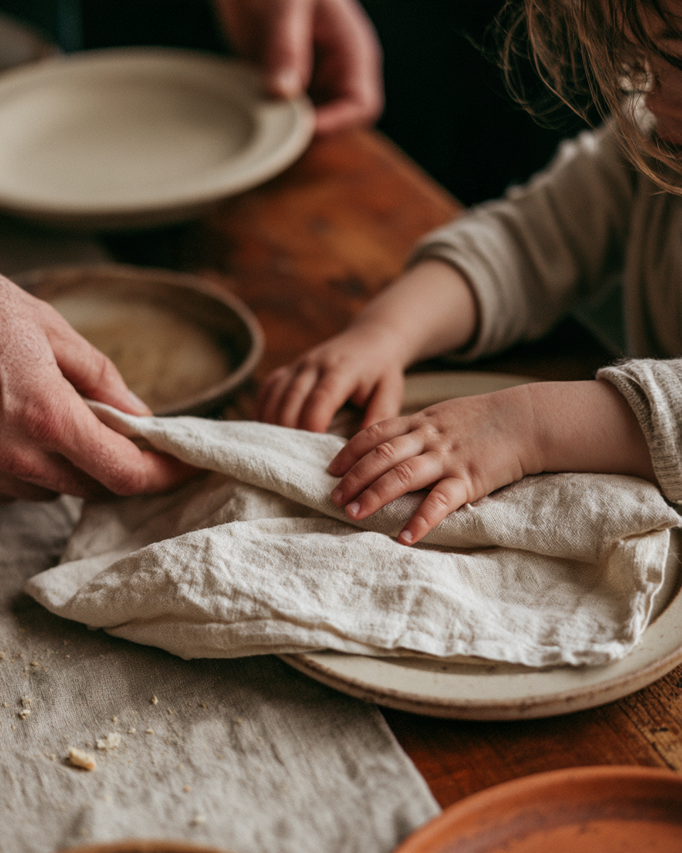 A toddler and adult smoothing a cloth napkin on a dinner plate