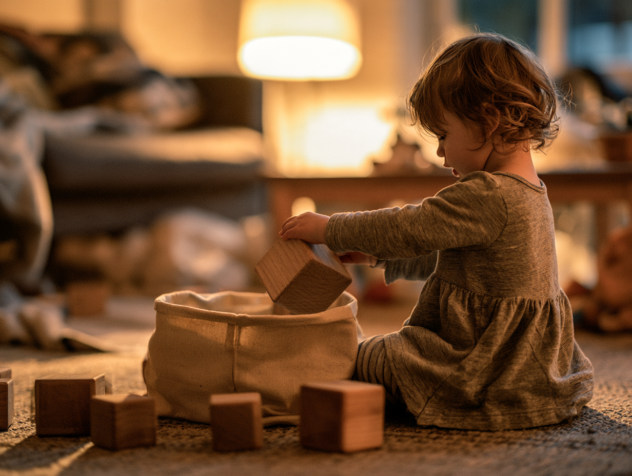 A toddler puts a wooden block into a fabric bin while other blocks remain on the rug