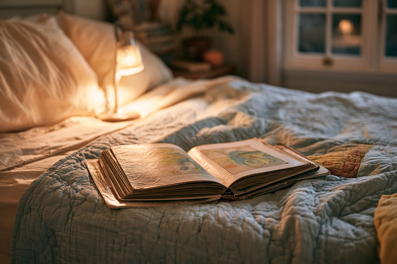 An open picture book on a quilt beside a softly lit bedside lamp.