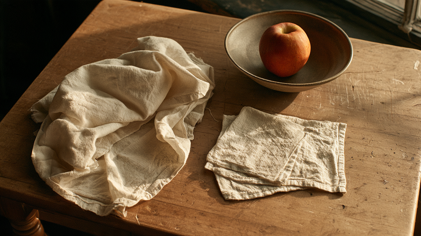 Two cloths and an apple in a bowl on a kitchen table after a shared task