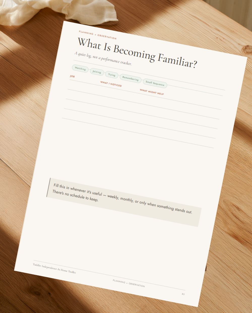 What Is Becoming Familiar observation page from the Toddler Independence At Home Toolkit