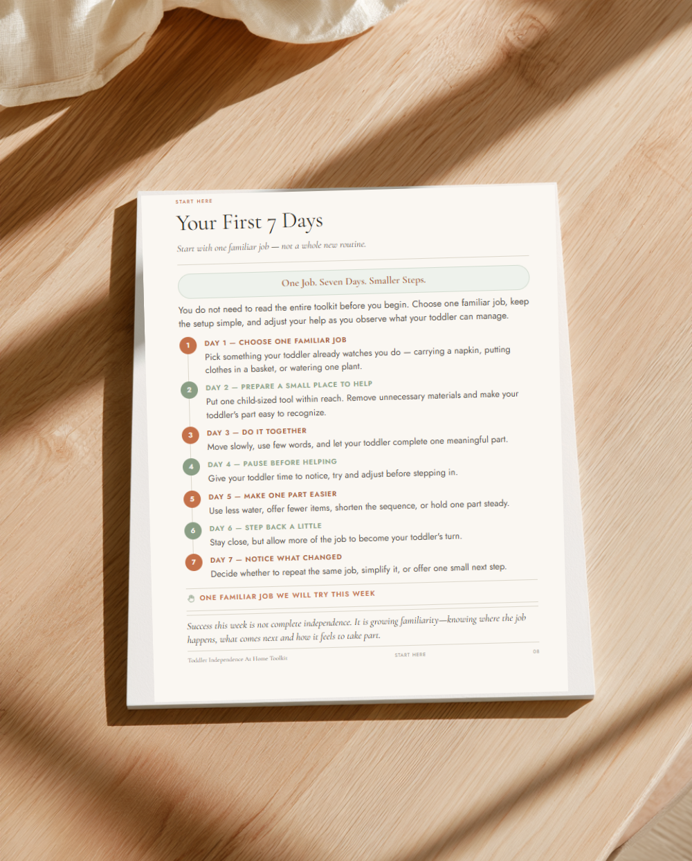 Your First 7 Days page from the Toddler Independence At Home Toolkit