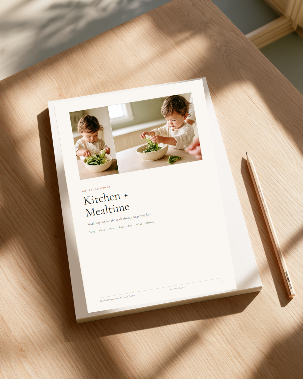 Kitchen and Mealtime activity cards from the Toddler Independence At Home Toolkit