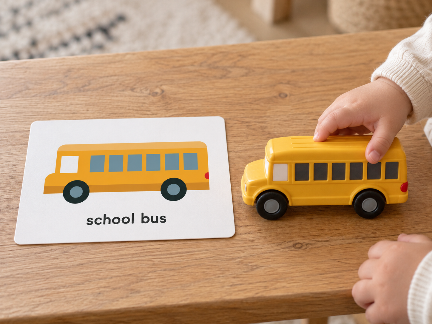 A toddler matching a yellow toy school bus to a school bus picture card on a wooden table.