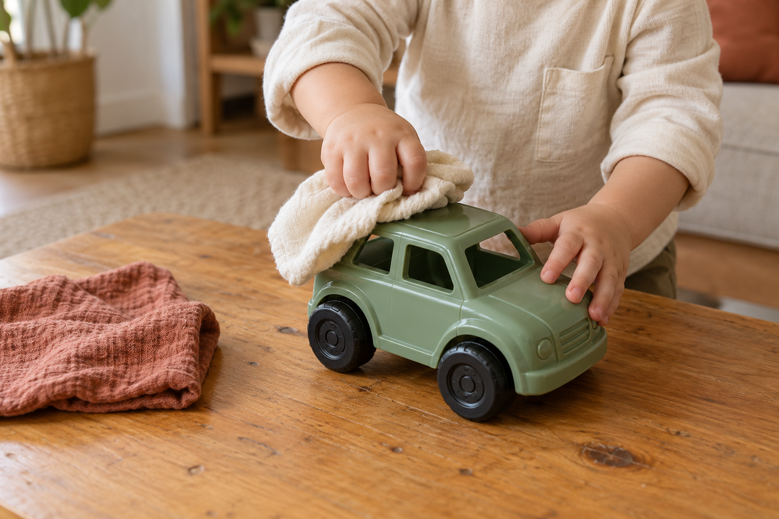 A toddler wiping a sage-green toy car with a cloth, with a dry cloth nearby.