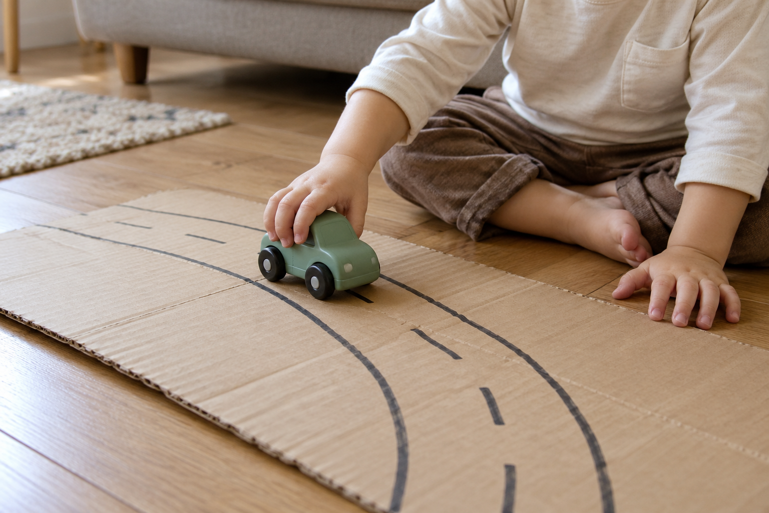 A toddler pushing a sage-green toy car along a road drawn on cardboard on the living room floor.