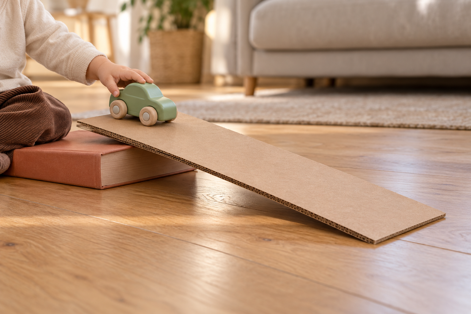 A toddler holding a toy car at the top of a low cardboard ramp supported by a book.
