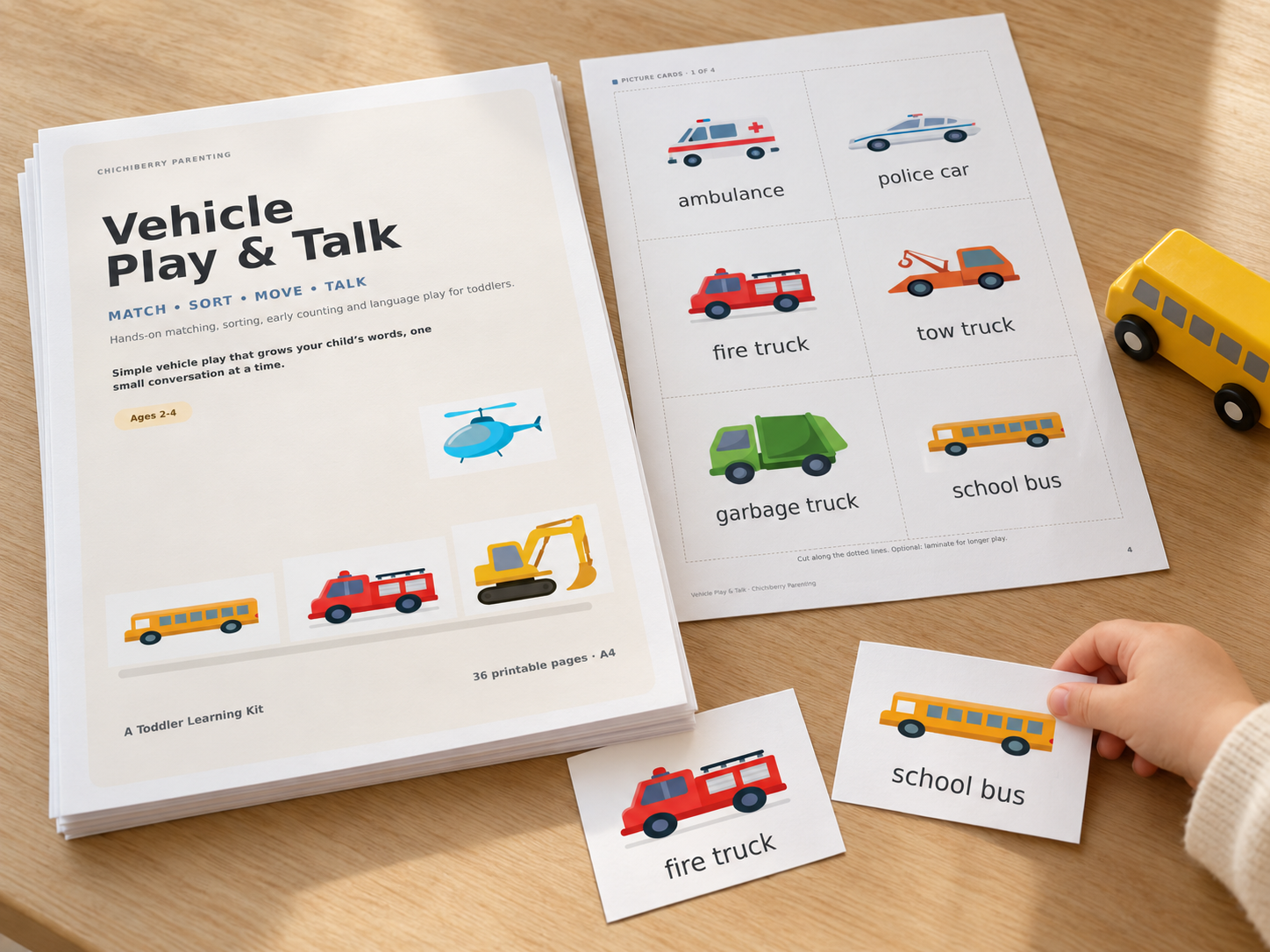 Vehicle Play and Talk printable kit with picture cards and a toddler holding a school bus card.